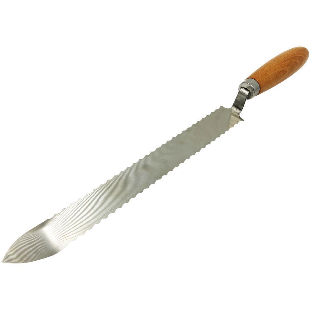 Нож для распечатывания рамок с серрейторной заточкой и загнутым концом, длина лезвия 290 мм, ширина 35 мм